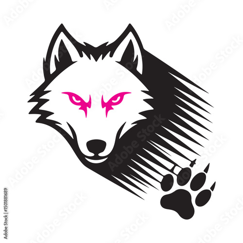 Powerful white wolf logo design with pink eyes and paw print isolated on white background