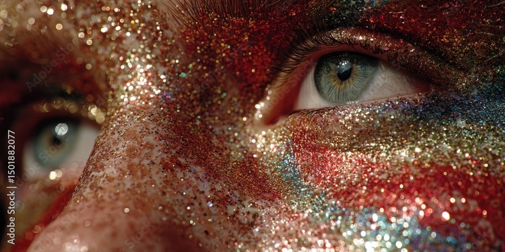 Close-Up of Person's Face with Aesthetic Glitter and Colorful Makeup Close-Up of Person's Face with Aesthetic Glitter and Colorful Makeup