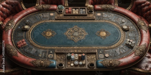 Elegant Casino Poker Table with Leather Chairs – Top View Arrangement