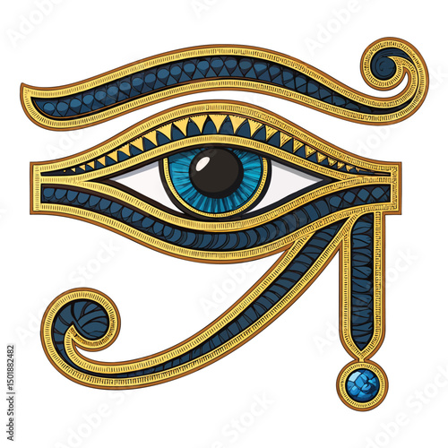 Create a detailed illustration of a Golden Eye of Horus emblem, featuring intricate jewel inlays (sapphire, ruby, emerald) and a textured, aged gold background.
