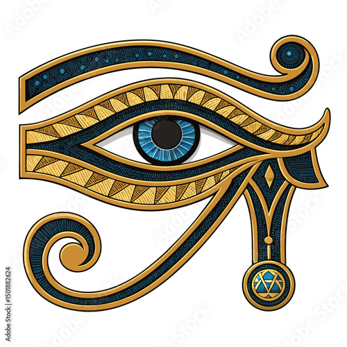 Create a detailed illustration of a Golden Eye of Horus emblem, featuring intricate jewel inlays, specifically one central jewel. High-resolution, ornate design.