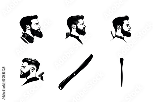 Barbershop icons men haircut beard straight razor