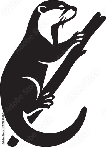 Otter climbing branch black silhouette, Otter silhouette in tree black design