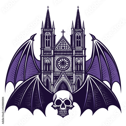 Silhouette of a gothic cathedral at twilight, adorned with large bat wings, creating a dramatic, dark, and mysterious scene.