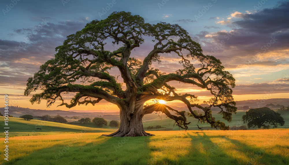Fototapeta premium Majestic Oak in Golden Light – Vibrant Countryside Landscape