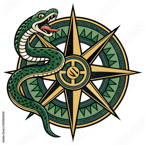 A venomous snake, contorted, fiercely bites into a weathered compass rose badge, its scales gleaming.  Twisted metal details.