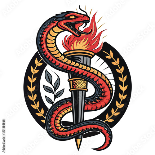 Design a dark heraldic patch featuring a coiled snake tightly encircling a flaming torch, set against a black background.  Intricate details are crucial.