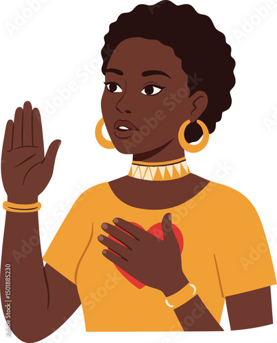 African American woman making pledge with raised hand and heart on yellow shirt in vector illustration 
