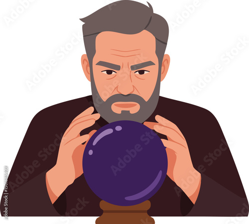 Man concentrating on purple crystal ball for fortune telling and divination with serious expression vector illustration 