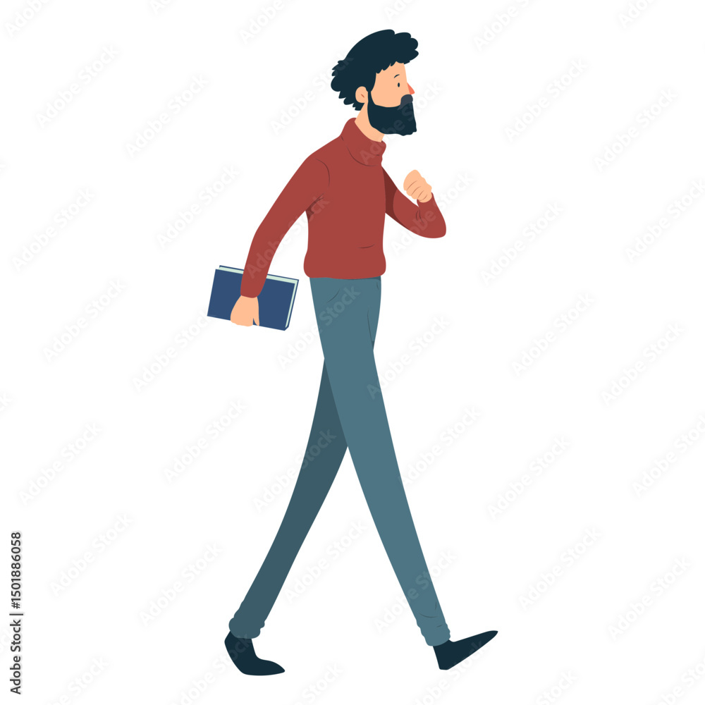 Man beard polo neck trousers book moustache flat Man beard polo neck trousers book moustache flat