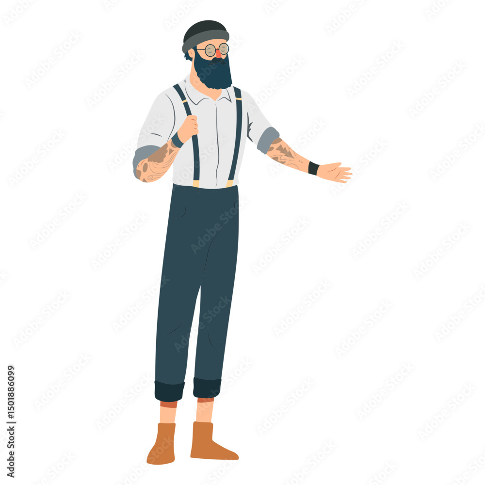Man hipster beard glasses hat tattoo suspenders braces flat Man hipster beard glasses hat tattoo suspenders braces flat