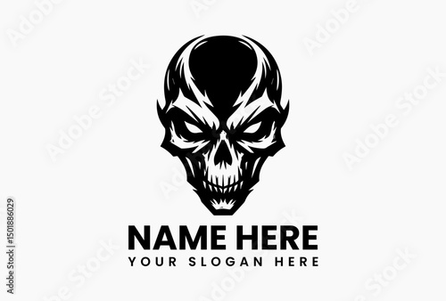 Aggressive angular skull illustration with hollow eyes and sharp details vector logo. Underground culture symbol  