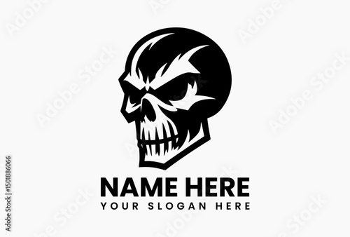 Aggressive angular skull illustration with hollow eyes and sharp details vector logo. Underground culture symbol  