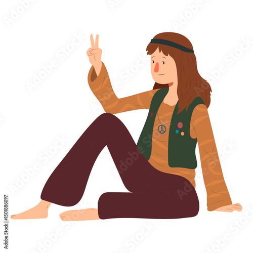 Man hippie sitting gesture hairstyle emblem shirt flat