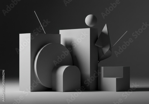 Abstract geometric shapes in monochrome still life composition