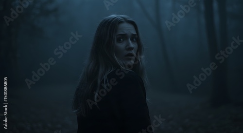 Terrified Woman Alone in Misty Forest at Night with Dramatic Lighting
