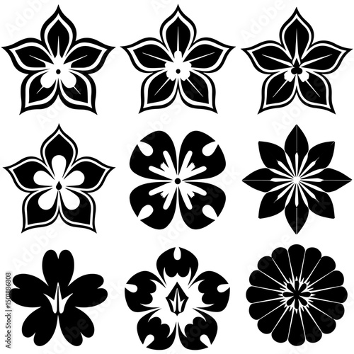 Set of nine different black flower silhouettes including rose, tulip, daisy, and orchid designs, arranged in a grid pattern on a white background, emphasizing floral variety.