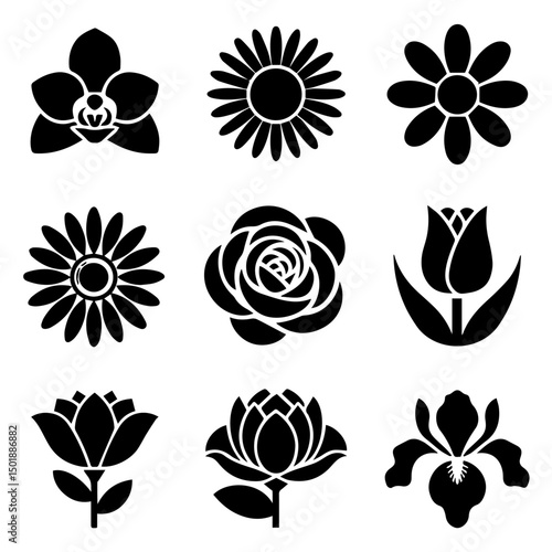 Set of nine different black flower silhouettes including rose, tulip, daisy, and orchid designs, arranged in a grid pattern on a white background, emphasizing floral variety.