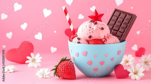 Strawberry ice cream sundae with chocolate and a decorative straw.