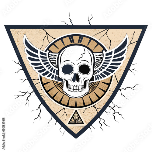 Design a hieroglyphic badge with a distressed, broken wall texture.  Include SKU (1) subtly integrated.