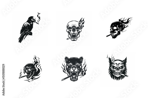 Six smoking skull and animal illustrations