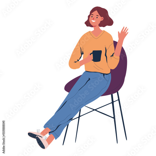 Woman sitting with coffee character