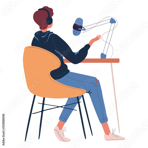 Man sitting talking in podcast character