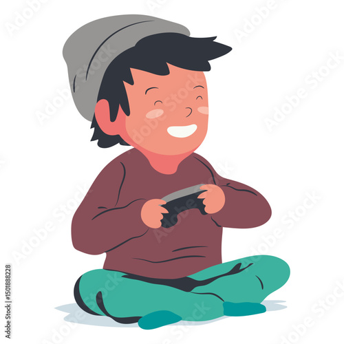 Smiling playing video games boy flat