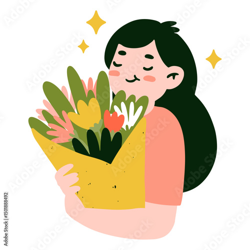 Happy woman holding flowers flat
