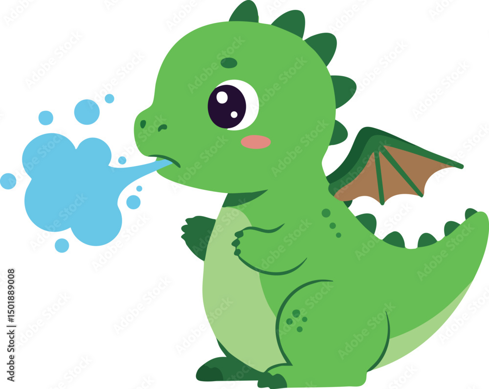 Obraz premium Cute green baby dragon breathing blue fire vector illustration in cartoon style for children designs