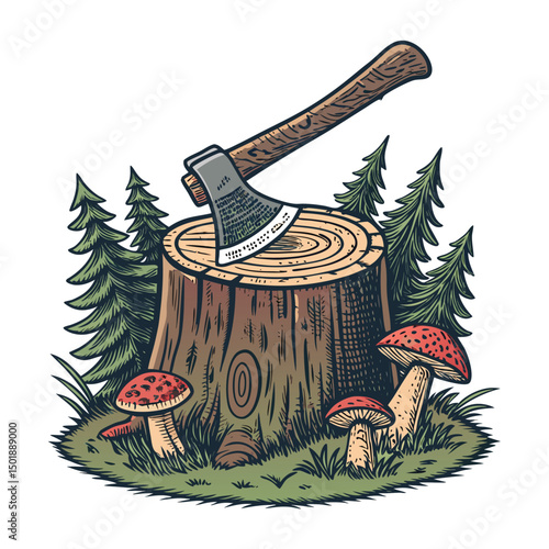 A vintage-style illustration of a weathered tree stump, featuring a hatchet leaning against it and several mushrooms sprouting nearby.  Detailed rendering, high resolution.