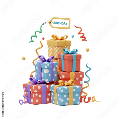 Colorful birthday gifts stacked and decorated with ribbons and confetti create a festive atmosphere, making them suitable for birthday celebrations.