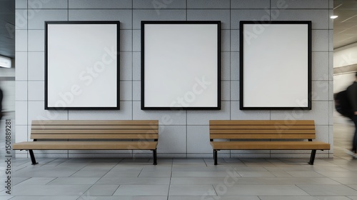 Three vertical blank posters in black frames on a wall

