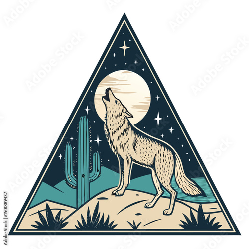 A majestic coyote howls under a night sky, a vibrant triangle of stars above, surrounded by majestic saguaro cacti.