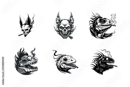 Six smoking skull and iguana head designs