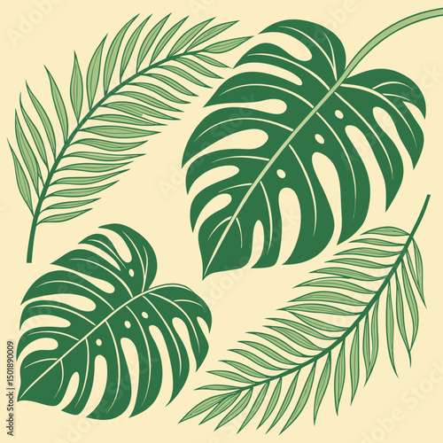 Set of tropical leaves and palm fronds vector illustration.