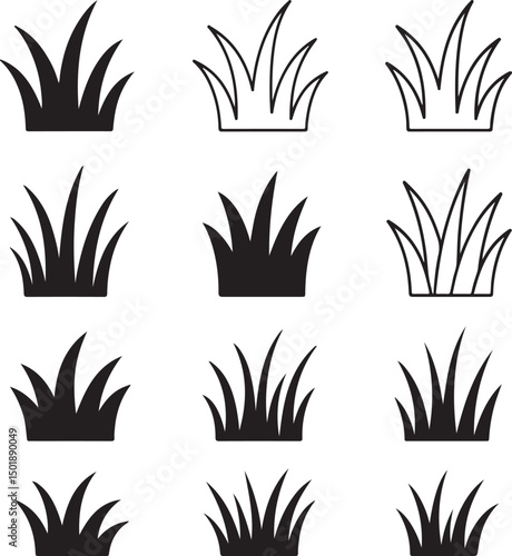 Black Lawn Grass Icon Set – Vector Design Template on White Background

