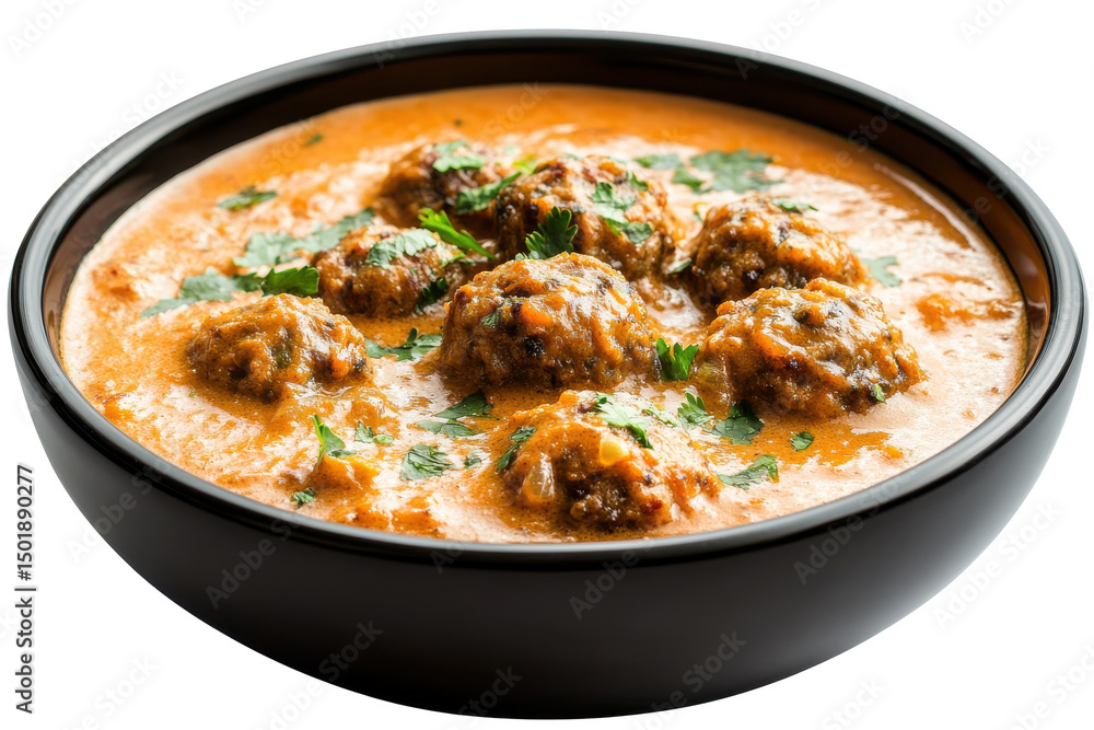 Kofta Curry Delight A bowl of savory meatballs in creamy orange sauce garnished with fresh herbs Kofta Curry Delight A bowl of savory meatballs in creamy orange sauce garnished with fresh herbs