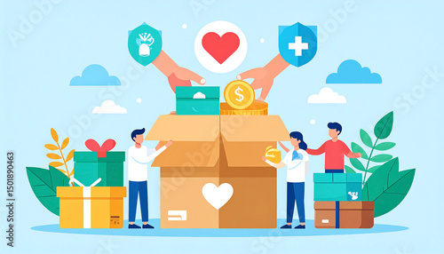 Charitable giving depicted with hands depositing money and gifts into a large donation box surrounded by people and symbols of protection and care