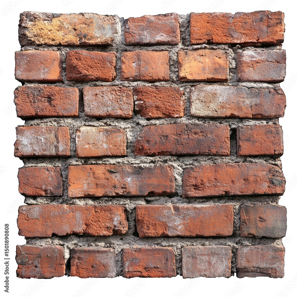 Close up of a brick wall featuring red and orange bricks with visible mortar joints in a square format isolated on transparent background Close up of a brick wall featuring red and orange bricks with visible mortar joints in a square format isolated on transparent background