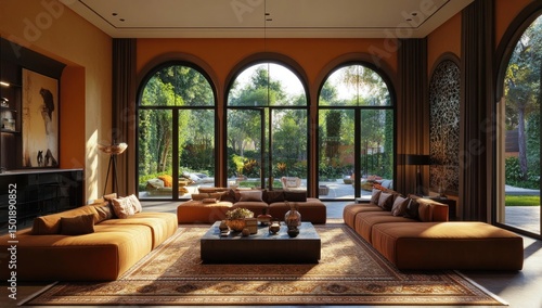 Luxurious Living Room with Arch Windows and Garden View