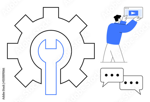 Gear with wrench, person holding media interface, conversation icons. Ideal for tech support, settings, teamwork, content creation, online tutorials, user interaction simple landing page