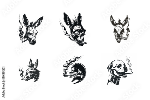 Six smoking animal heads vintage illustrations