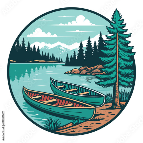 Design a lakeside holiday emblem featuring two canoes gently resting on tranquil water, framed by a lush forest backdrop.  Include vintage design elements.