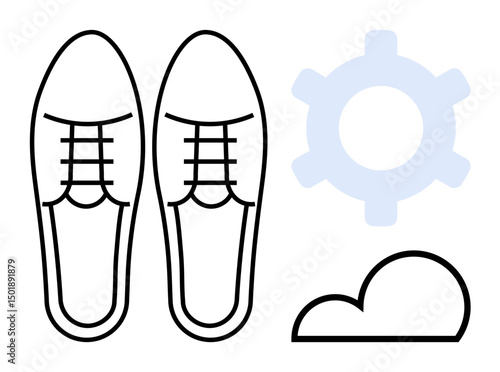 Loafers styled in clean lines alongside gear for progress and cloud for technology. Ideal for innovation, fashion, work-life balance, productivity, footwear, creative thinking, flat simple metaphor