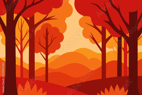 Red and Orange Autumn Forest Vector Landscape