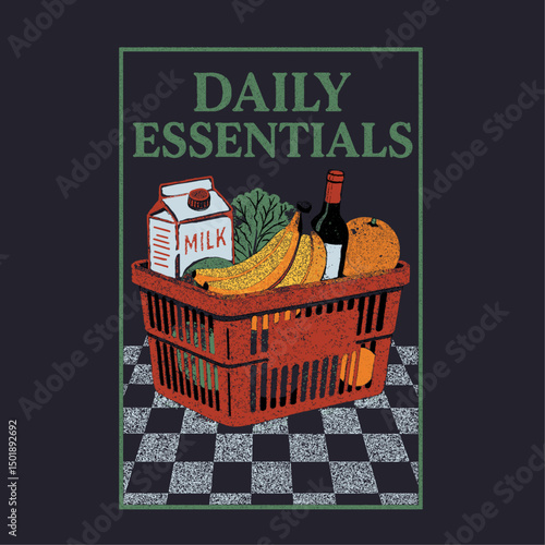 Daily essential shop artwork. Vintage Red plastic grocery hamper with handles. Supermarket basket is filled of groceries. Dairy products, vegetable, bread in shopping basket.  t-shirt prints.