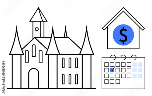 Castle architecture with tall spires, dollar-signed house symbolizing finances, and a calendar with a ticked date. Ideal for real estate, investment, loans, savings, planning, tourism flat simple