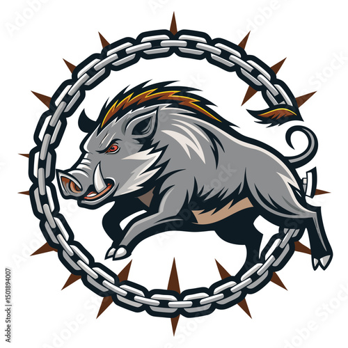 A fierce wild boar, muscles tense, bursts through a broken, rusty chain link fence, its tusks bared.  Badge-like composition.