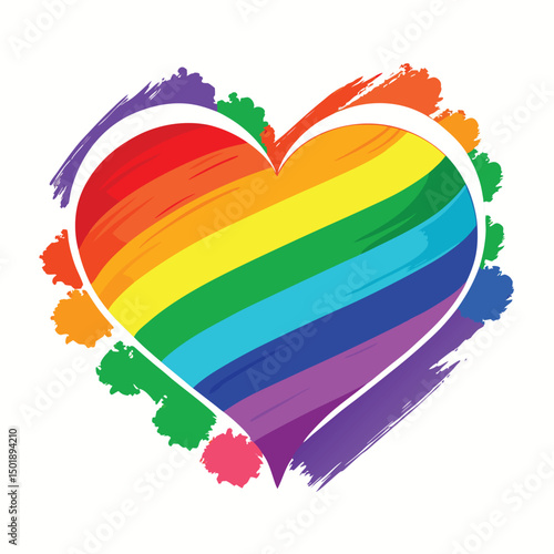 Colorful rainbow heart symbol with artistic brush strokes representing love and pride